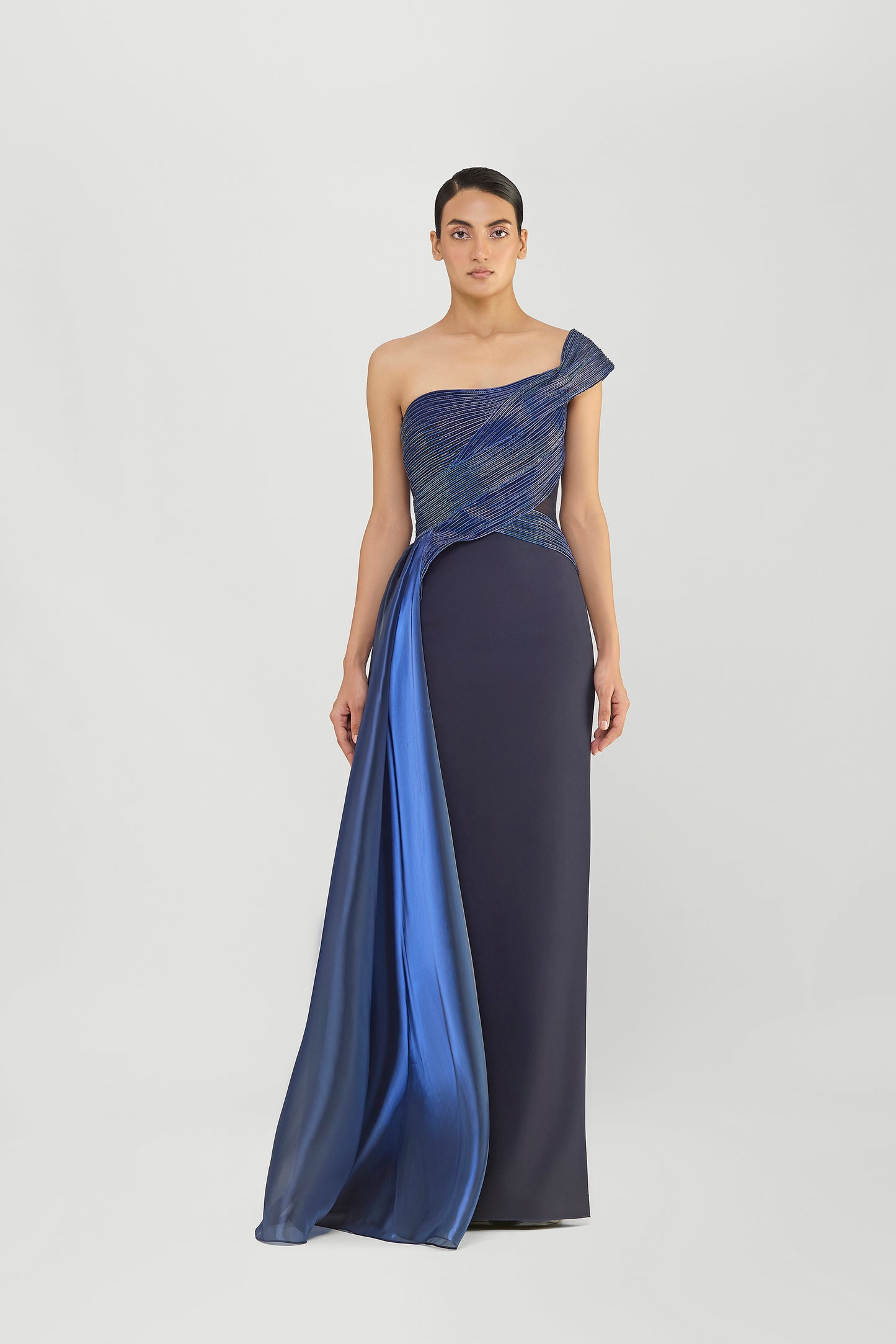 Moulded Corded Gown With Beads And A  Liquid Mesh Drape