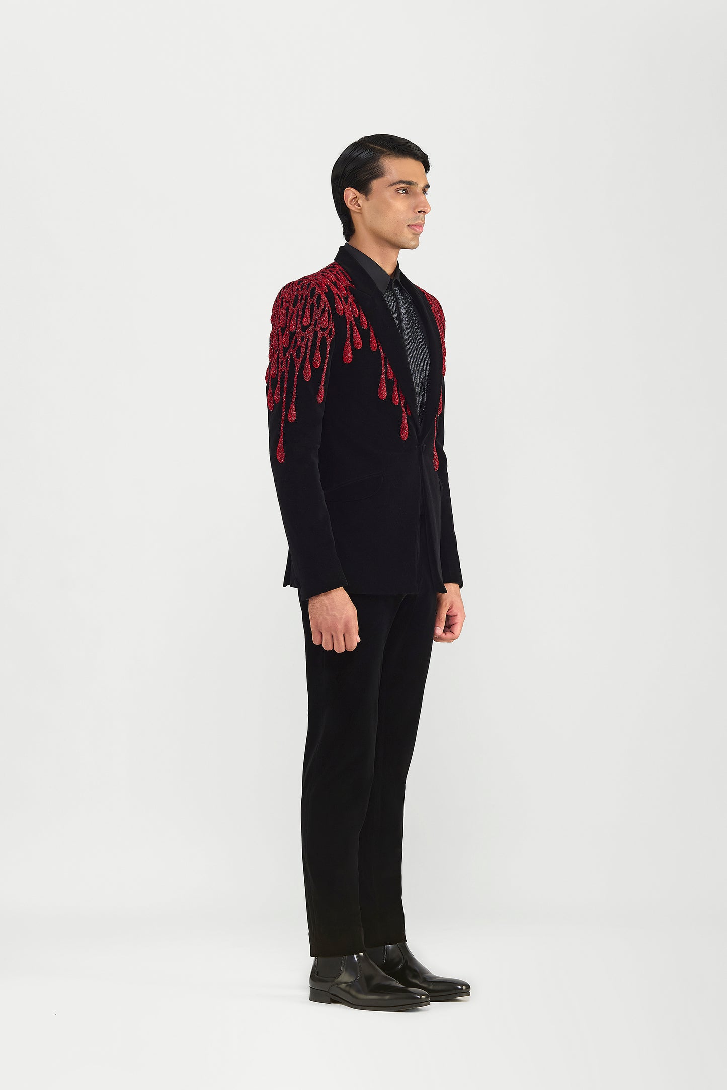 Red Drip Embroidery Tuxedo Set In Velvette