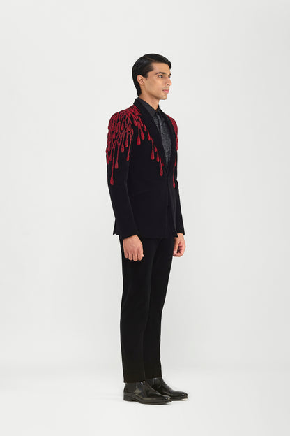 Red Drip Embroidery Tuxedo Set In Velvette