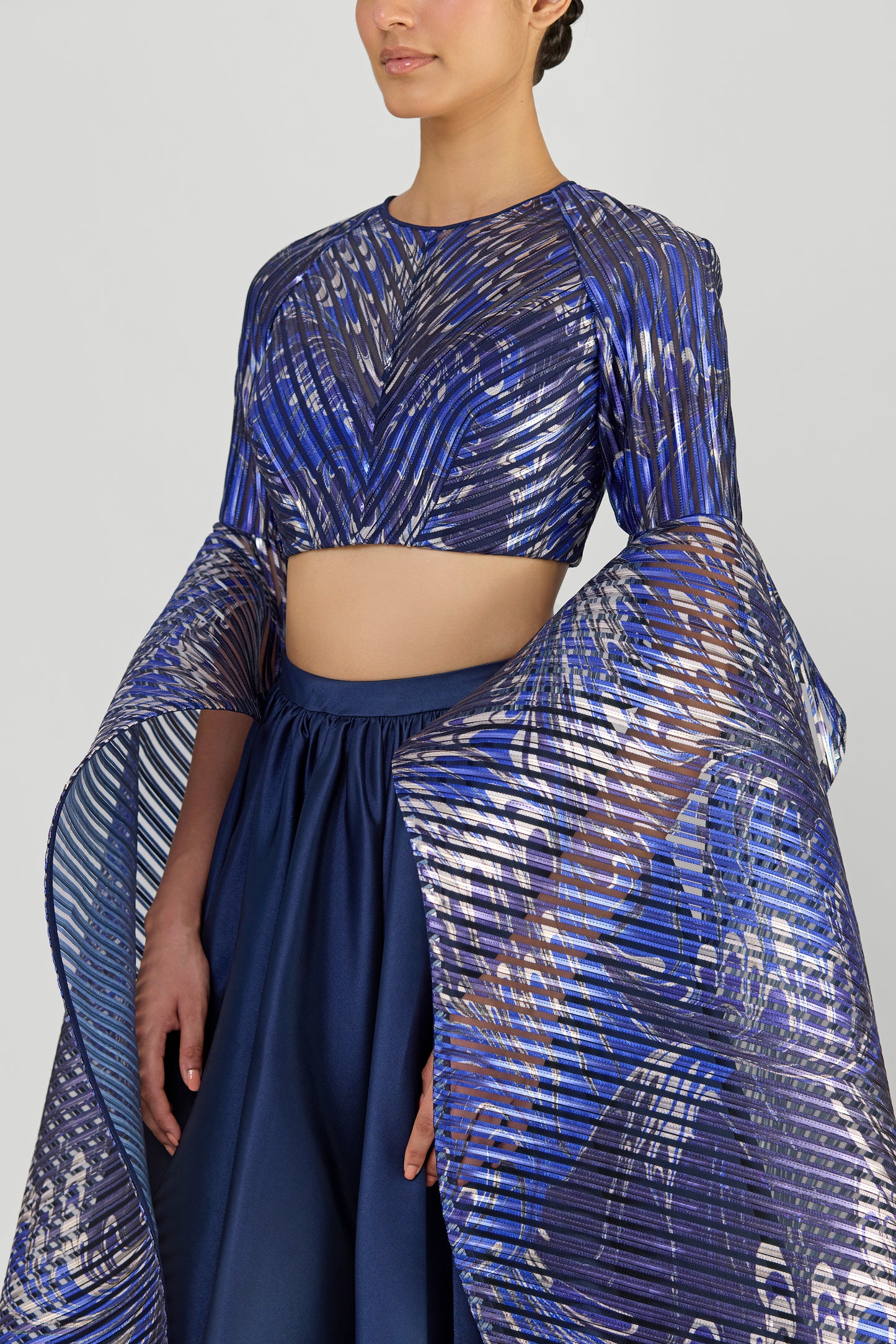 Metallic Printedtop With Wings And Luxe Twill Skirt