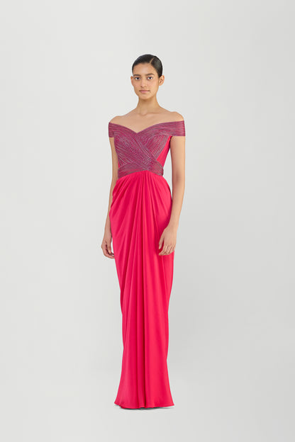 Moulded Corded Gown With Beads And A Chiffon Drape
