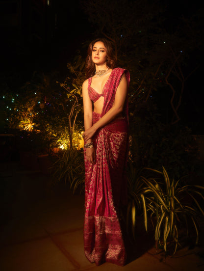 Ananya Panday in Vintage Banarsi Moulded Top And Draped Saree
