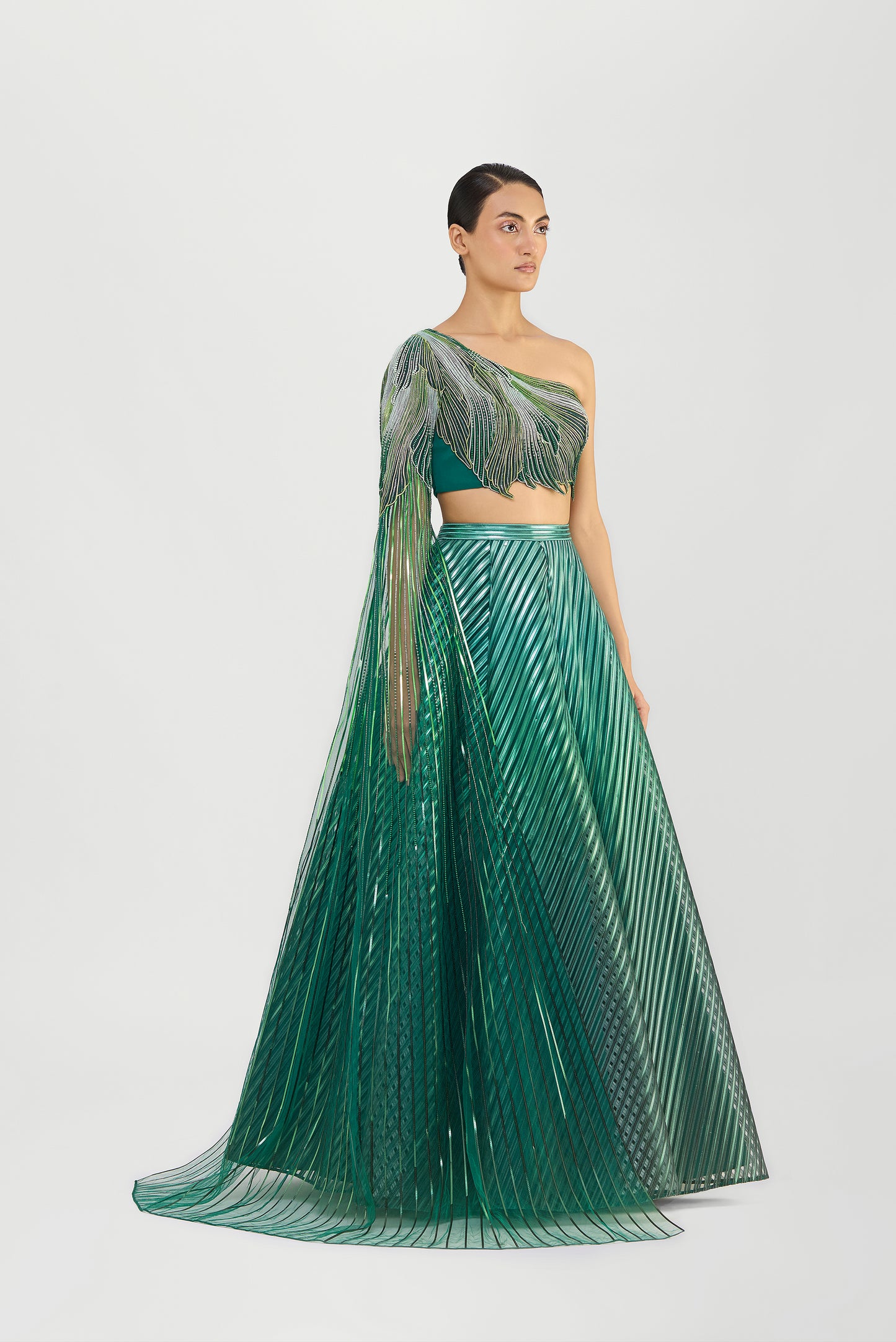 Metallic Fluted Tulle Printed Skirt And Beaded  One Shouldered Top