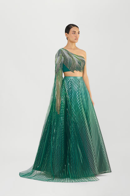 Metallic Fluted Tulle Printed Skirt And Beaded  One Shouldered Top