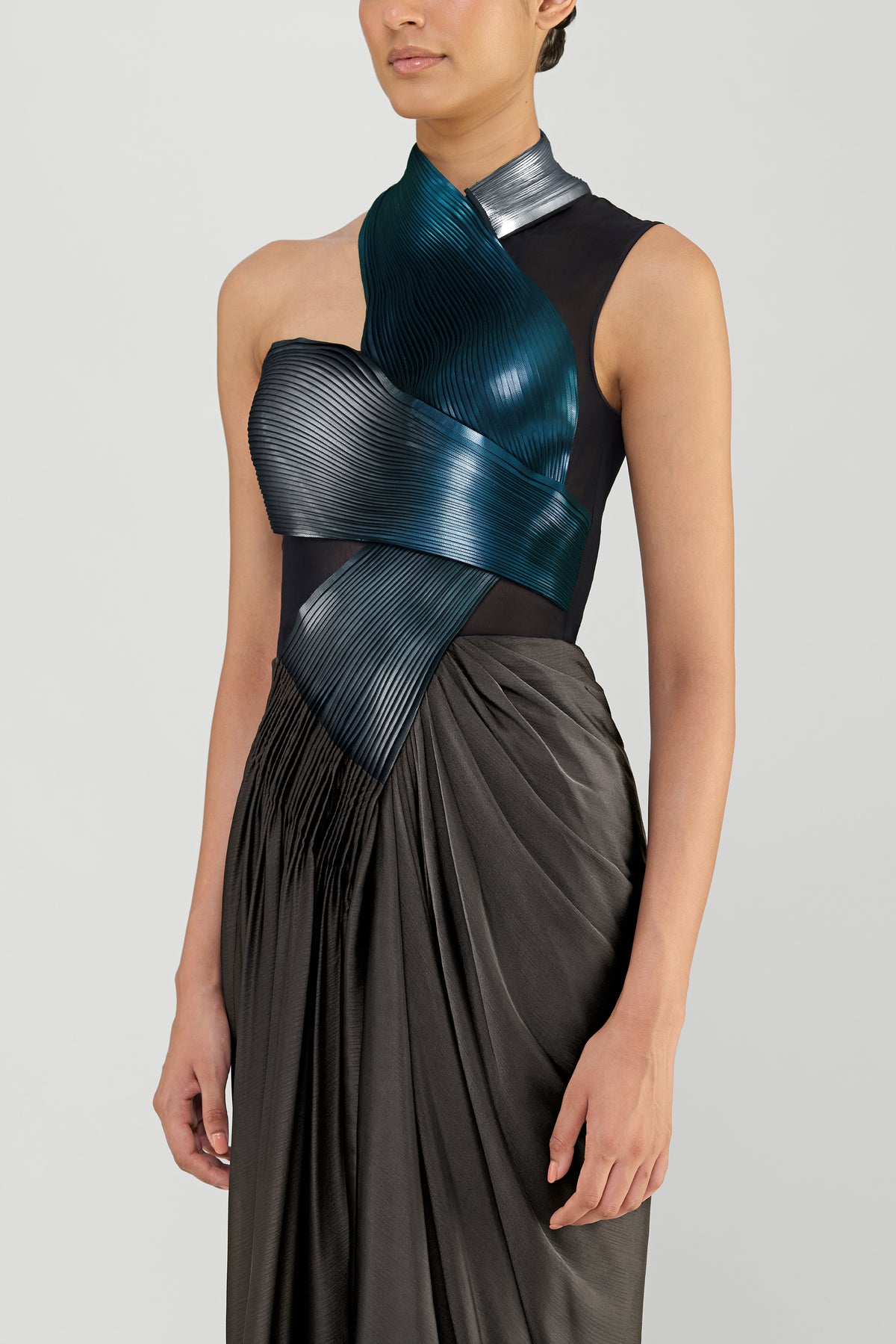 Metallic Gown With Chiffon Drape