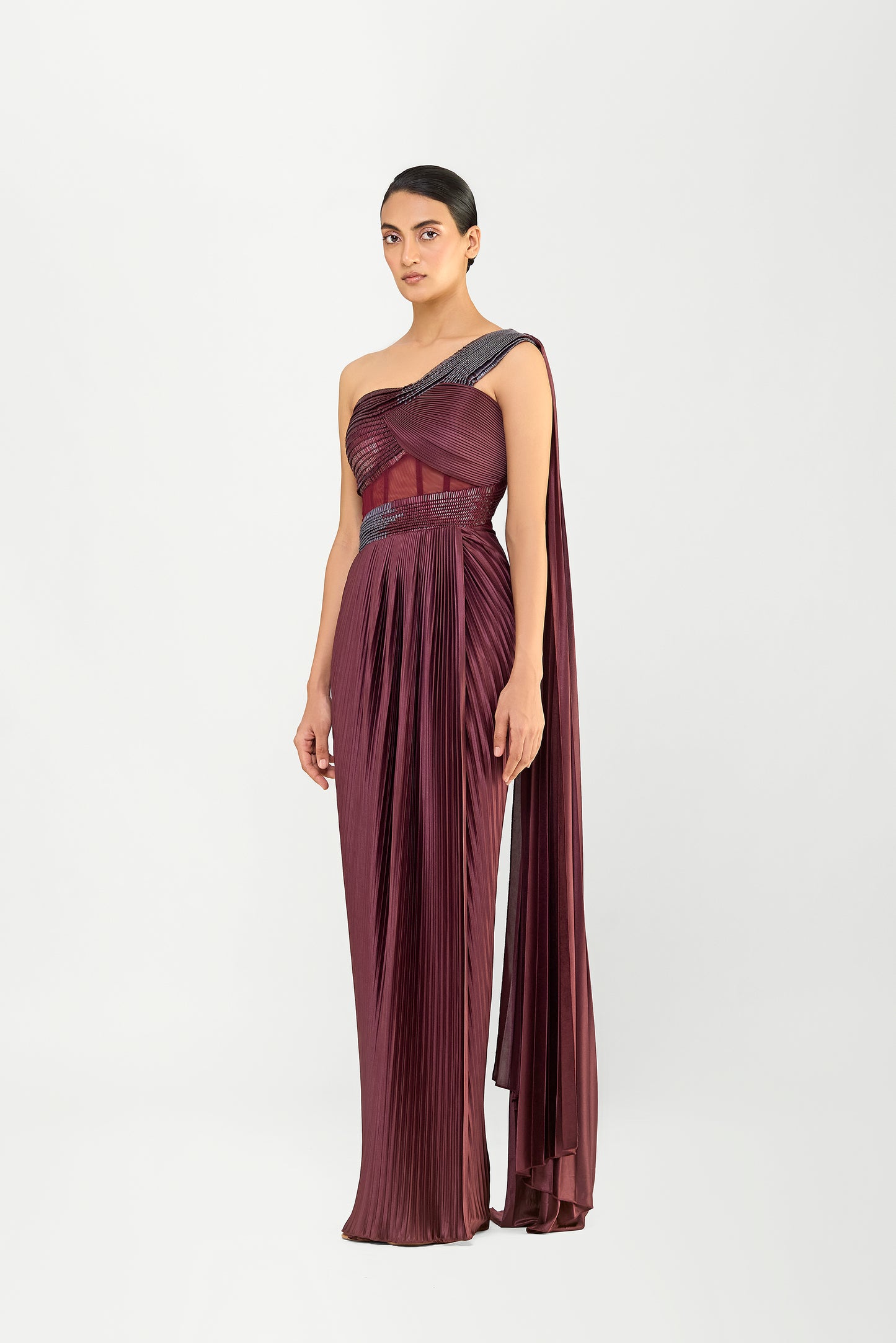 Structured One Shouldered Saree With Plisse Drape