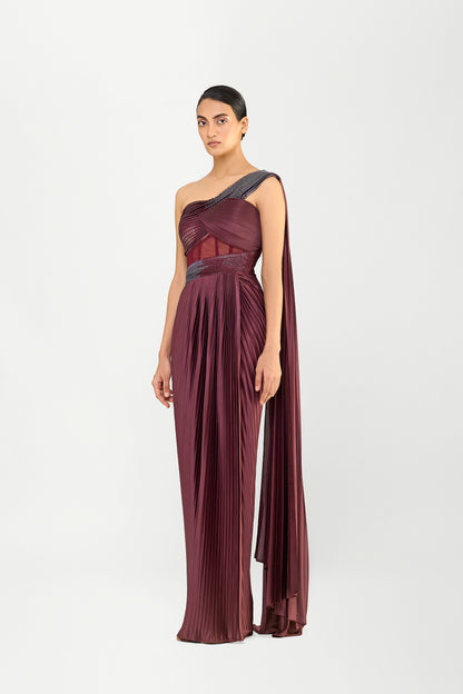 Structured One Shouldered Saree With Plisse Drape