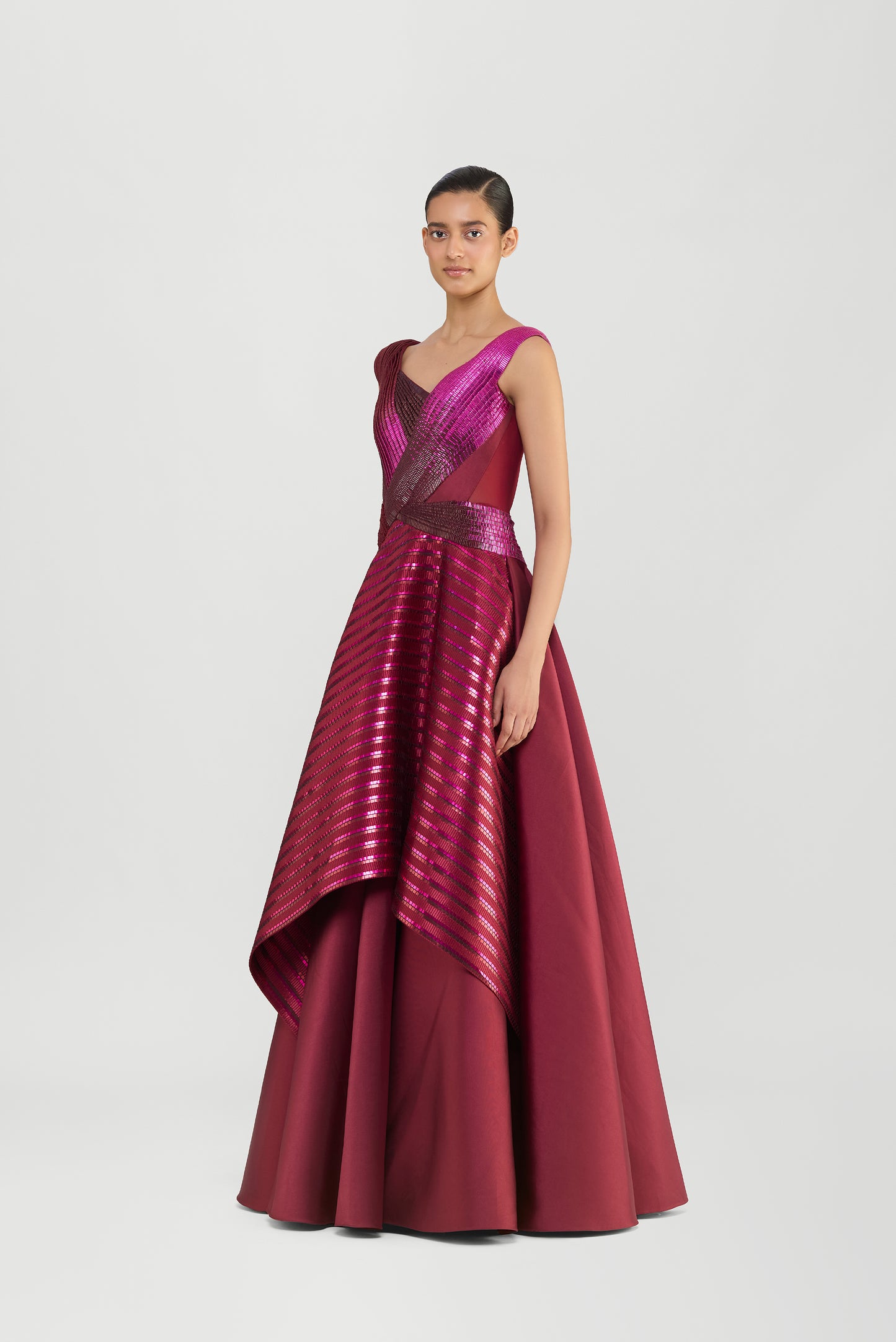 Structured Lamina Scales Flared Gown