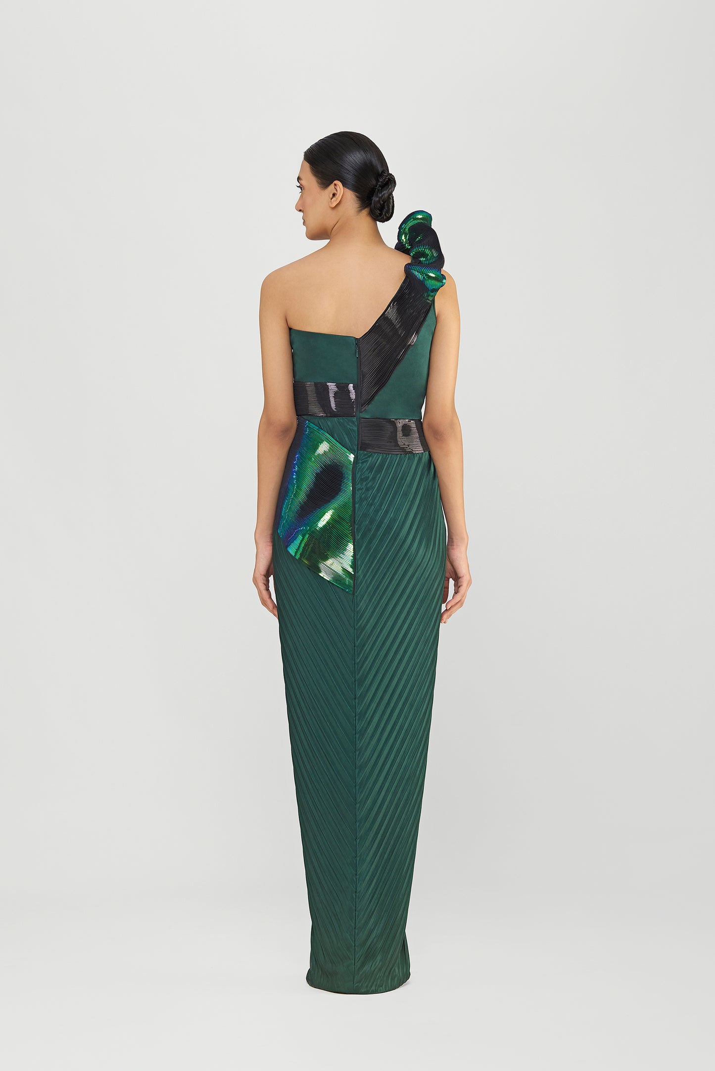Moulded Metallic Off The Shoulder Gown With Plisse  Drape