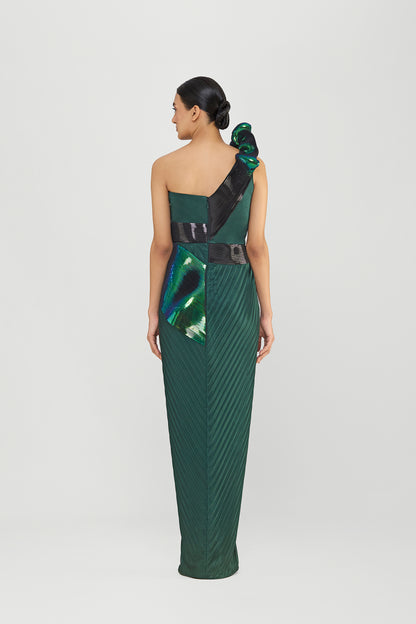 Moulded Metallic Off The Shoulder Gown With Plisse  Drape