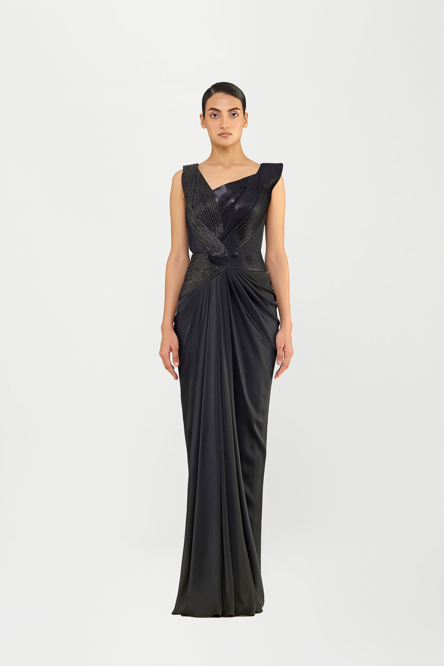 Moulded Strata Micropleated And Corded Top  With A Chiffon Drape