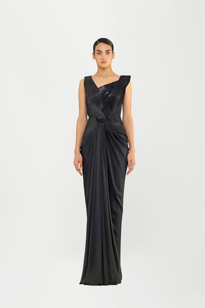Moulded Strata Micropleated And Corded Top  With A Chiffon Drape