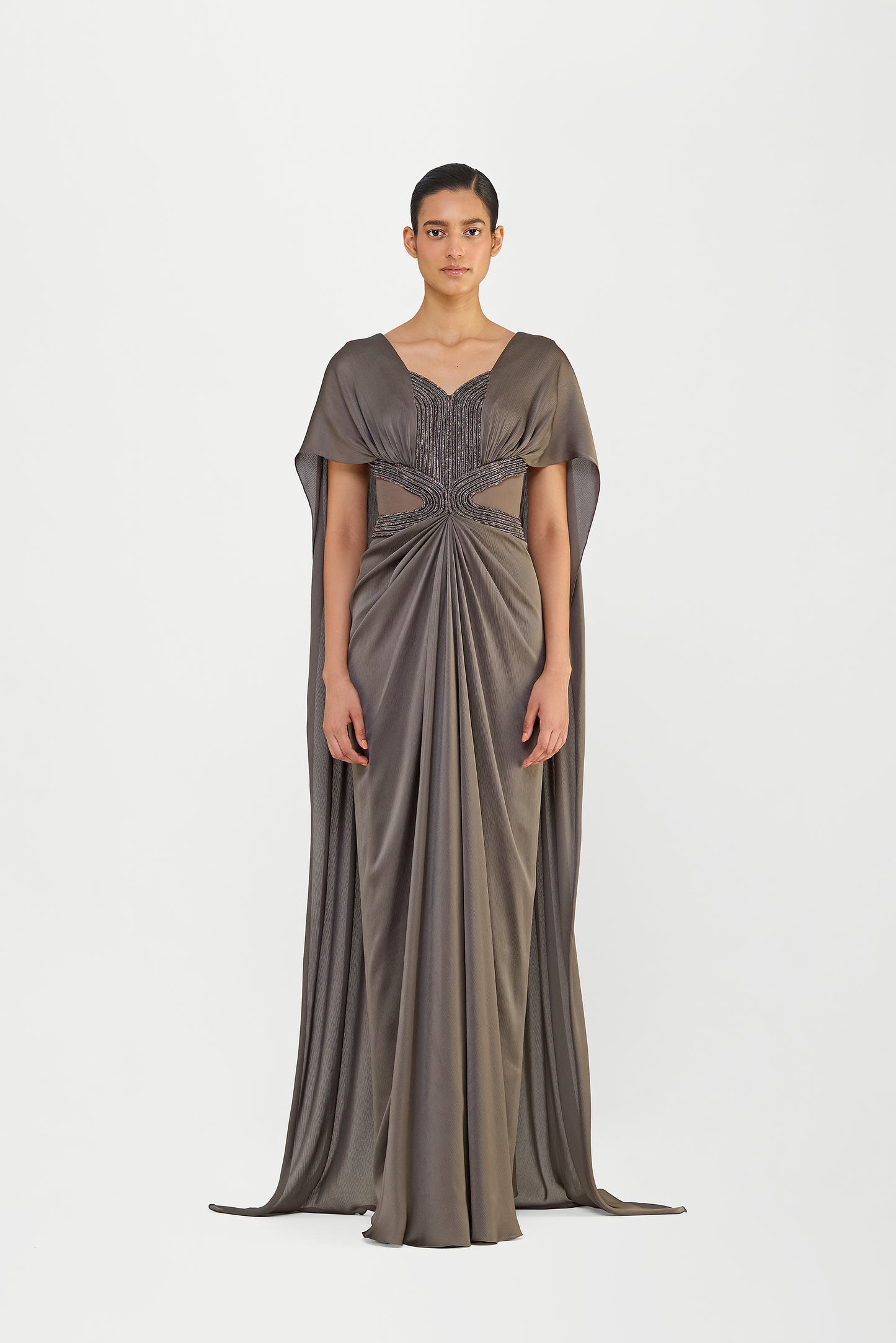 Crystalvein Chiffon Draped Gown With Wings