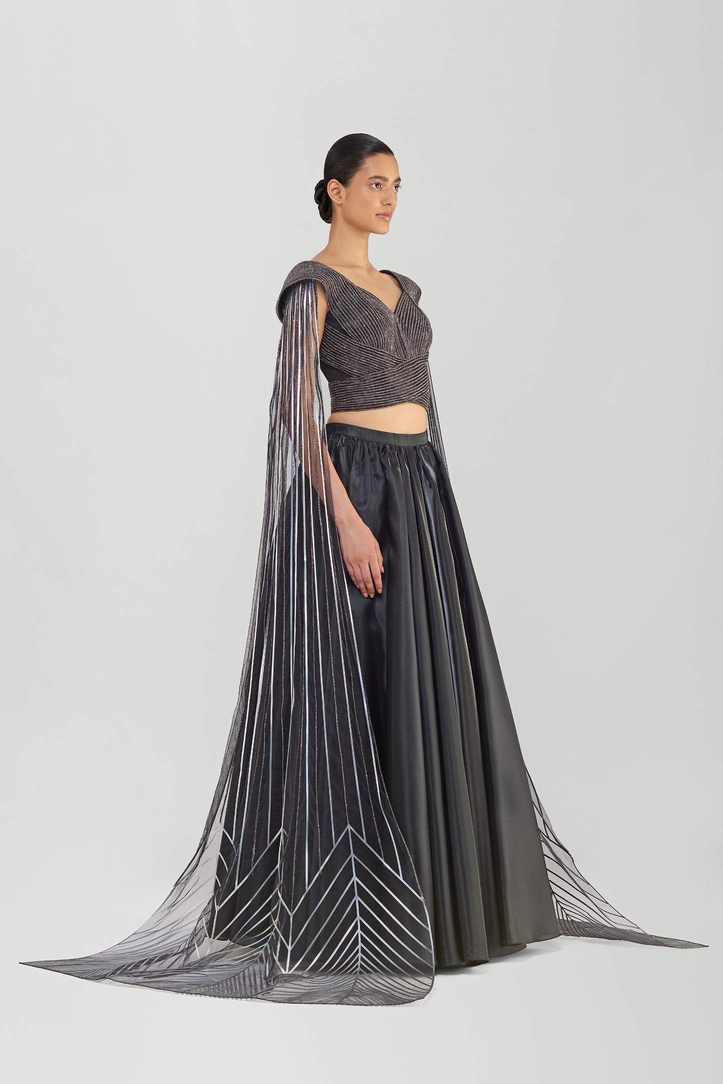 Structured Top With Glazed Organza Skirt And Shoulder Drapes