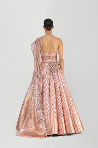 Metallic Fluted Tulle Skirt With A Beaded Halter Top And Crystalvein Drape