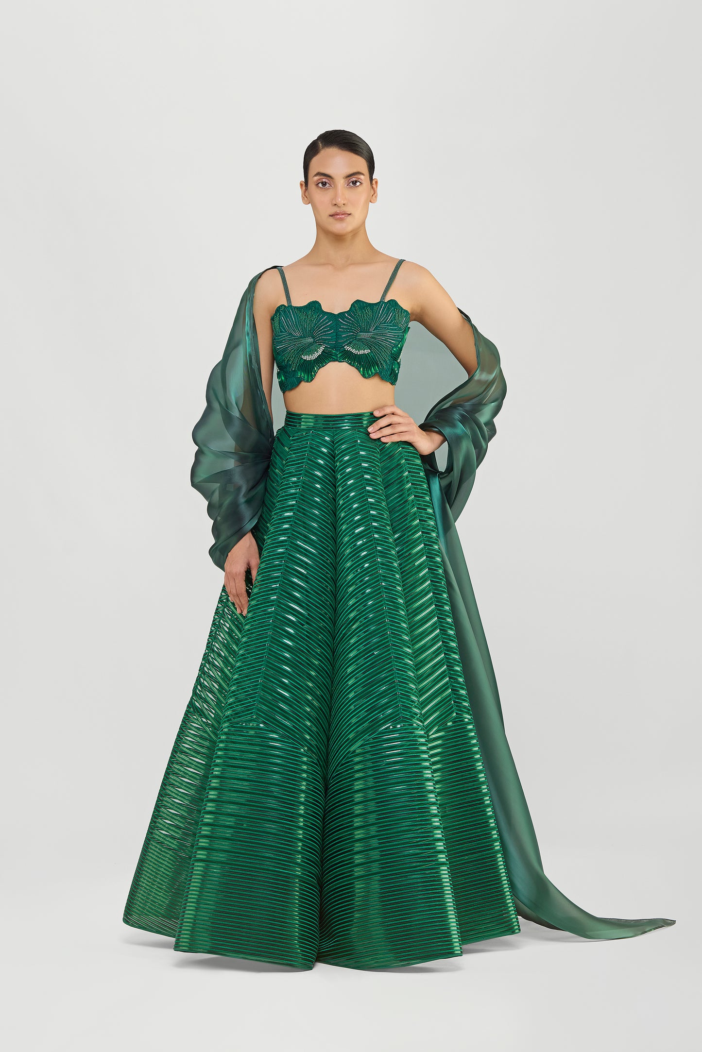 Liquid Mesh Cape Set With A Fluted Tulle Skirt And Beaded Bustier