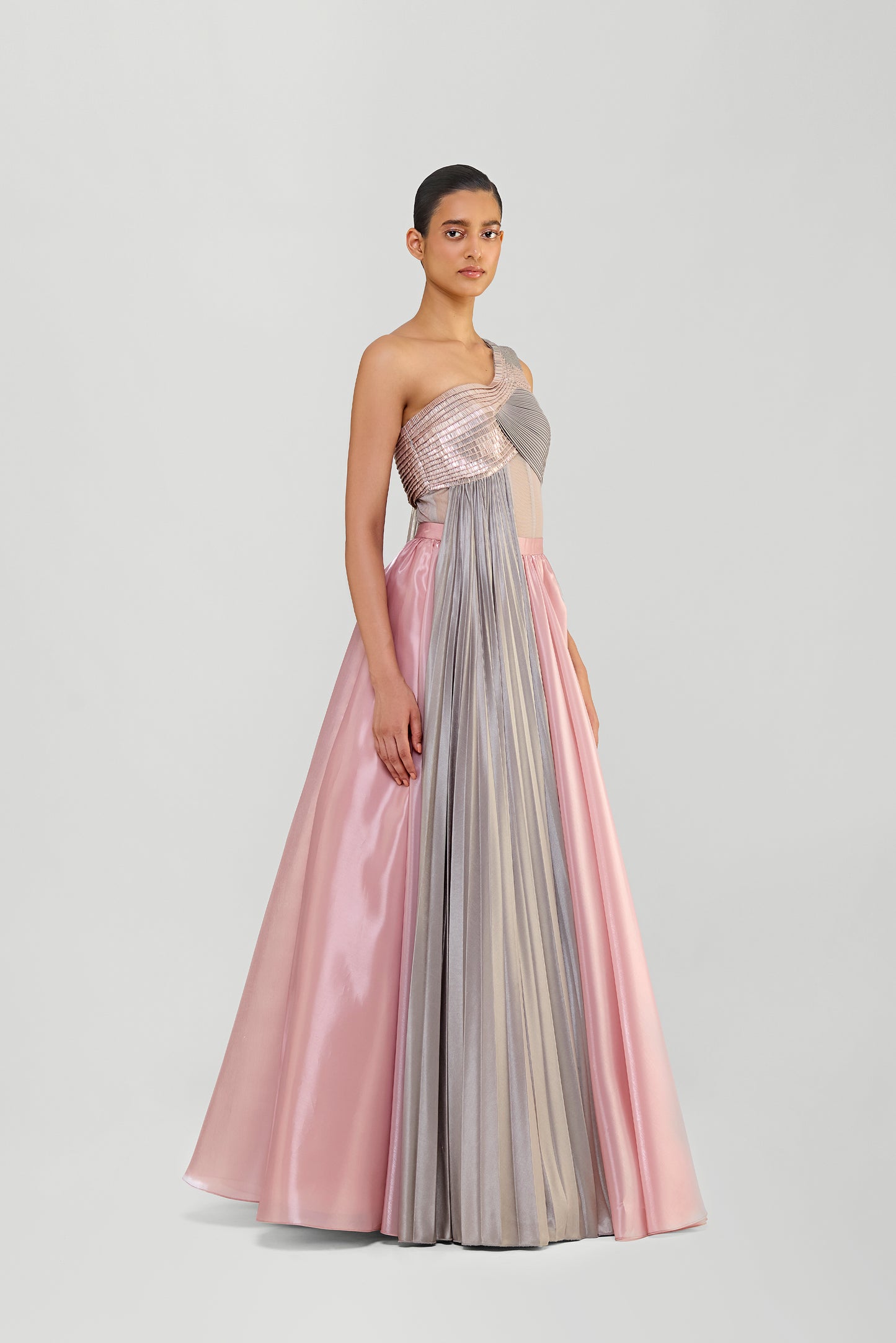 STRUCTURED OFF THE SHOULDER BODY SUIT WITH A GLAZED ORGANZA SKIRT AND DUAL DRAPES
