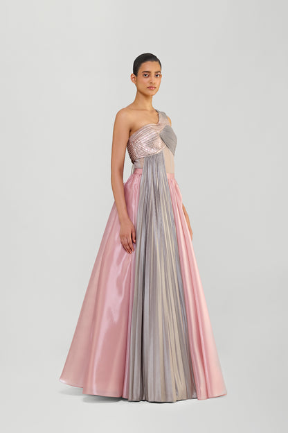 STRUCTURED OFF THE SHOULDER BODY SUIT WITH A GLAZED ORGANZA SKIRT AND DUAL DRAPES