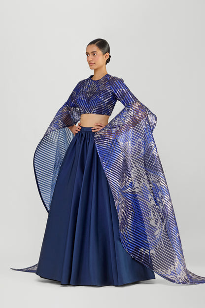 Metallic Printedtop With Wings And Luxe Twill Skirt