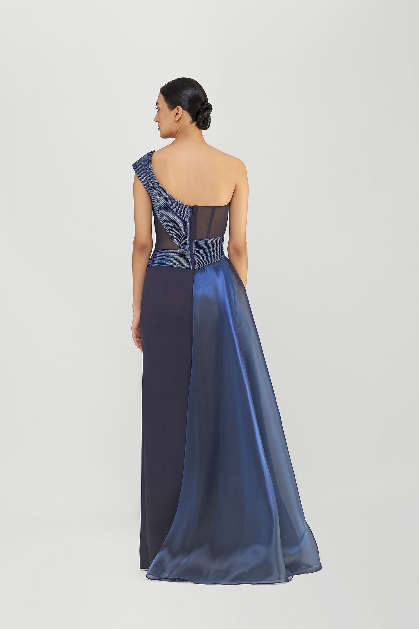 Moulded Corded Gown With Beads And A  Liquid Mesh Drape