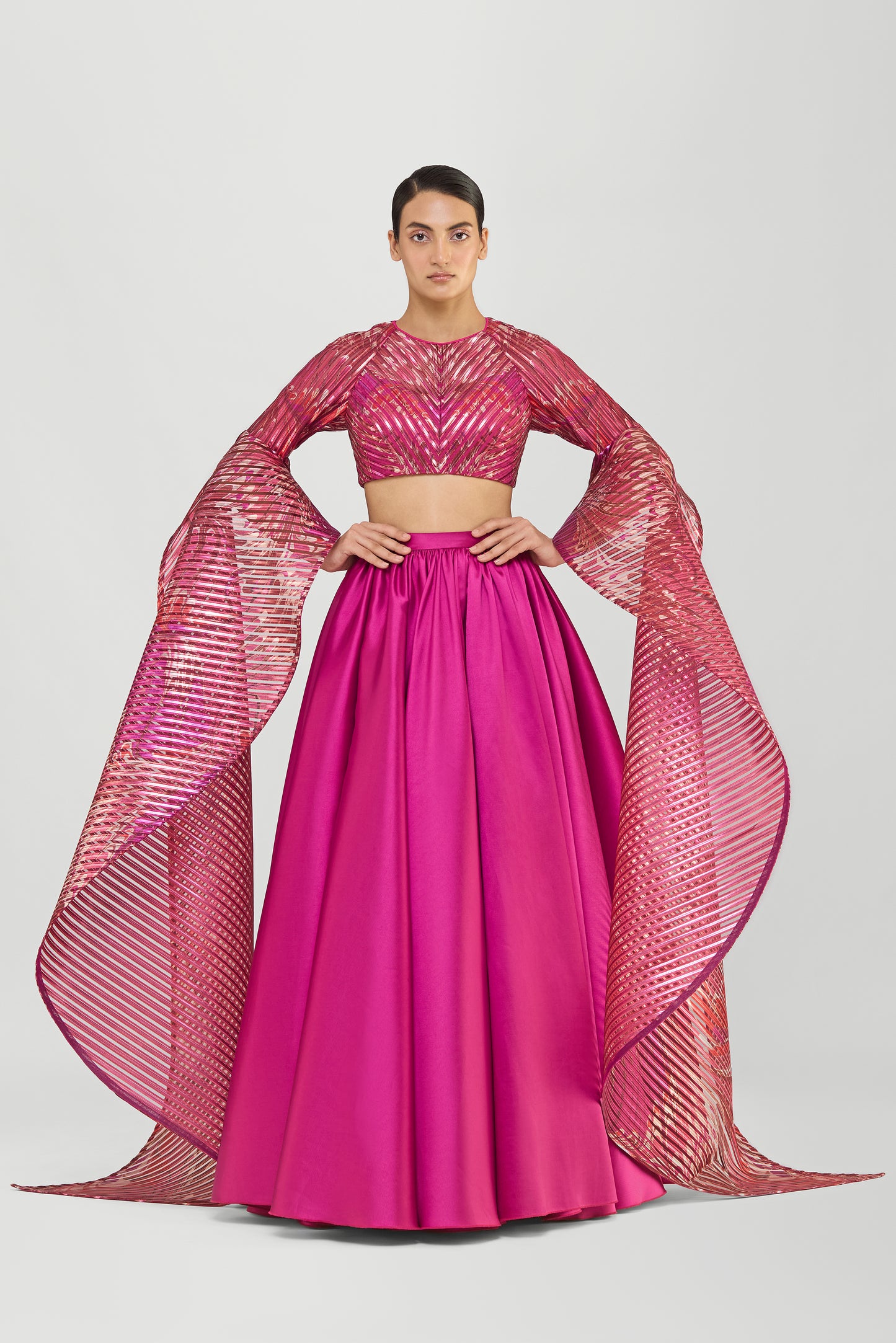 Metallic Printedtop With Wings And Luxe Twill Skirt