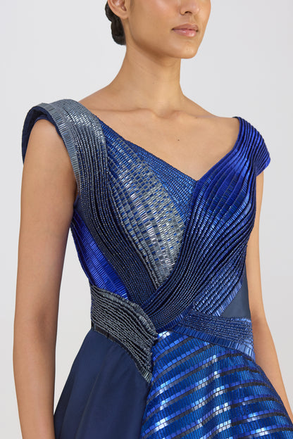Structured Lamina Scales Flared Gown
