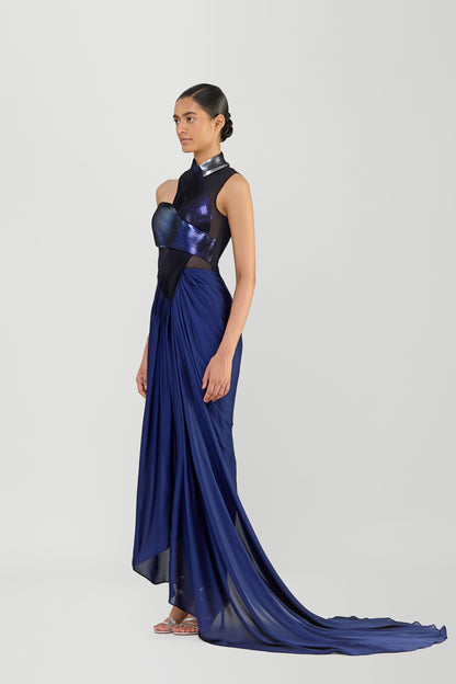 Moulded Metallic Micropleated Gown With Chiffon Drape