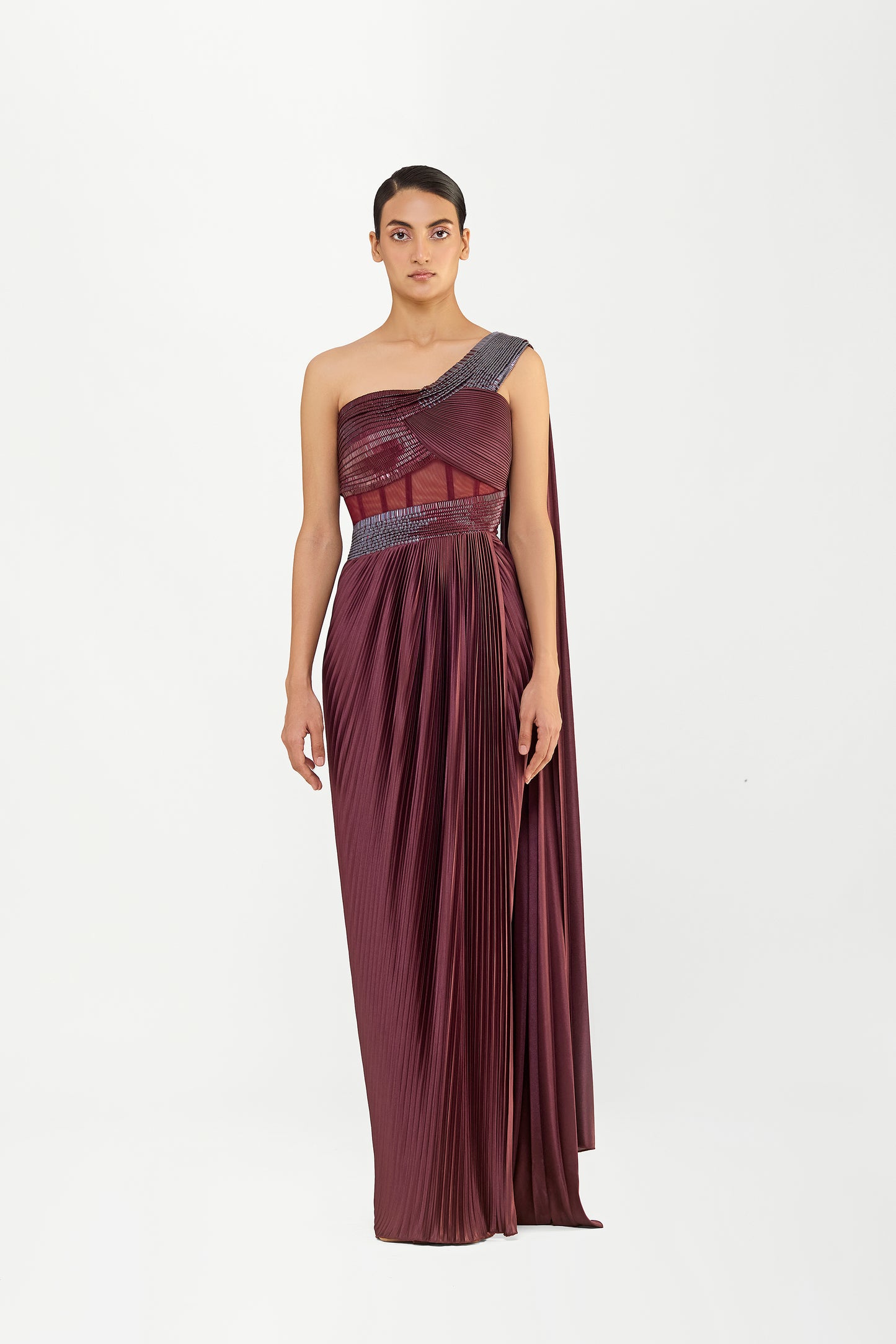 Structured One Shouldered Saree With Plisse Drape