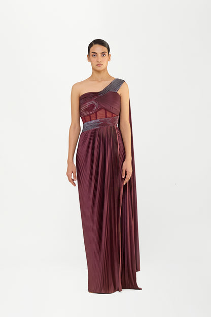 Structured One Shouldered Saree With Plisse Drape