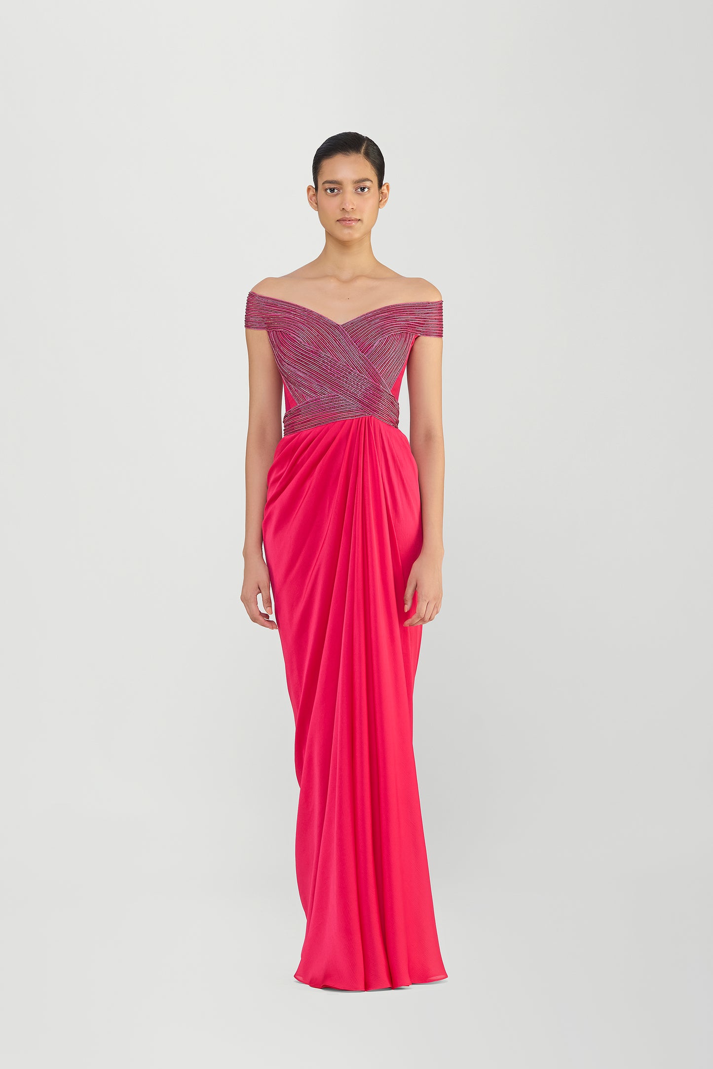 Moulded Corded Gown With Beads And A Chiffon Drape