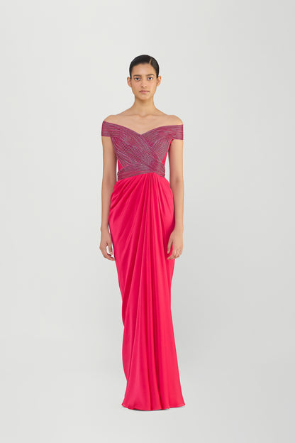 Moulded Corded Gown With Beads And A Chiffon Drape