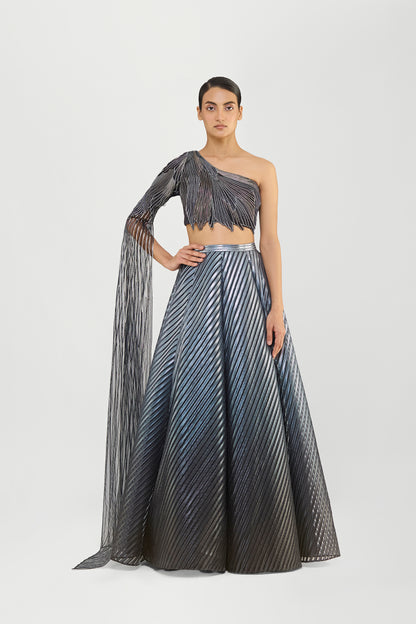 Metallic Fluted Tulle Printed Skirt And Beaded  One Shouldered Top
