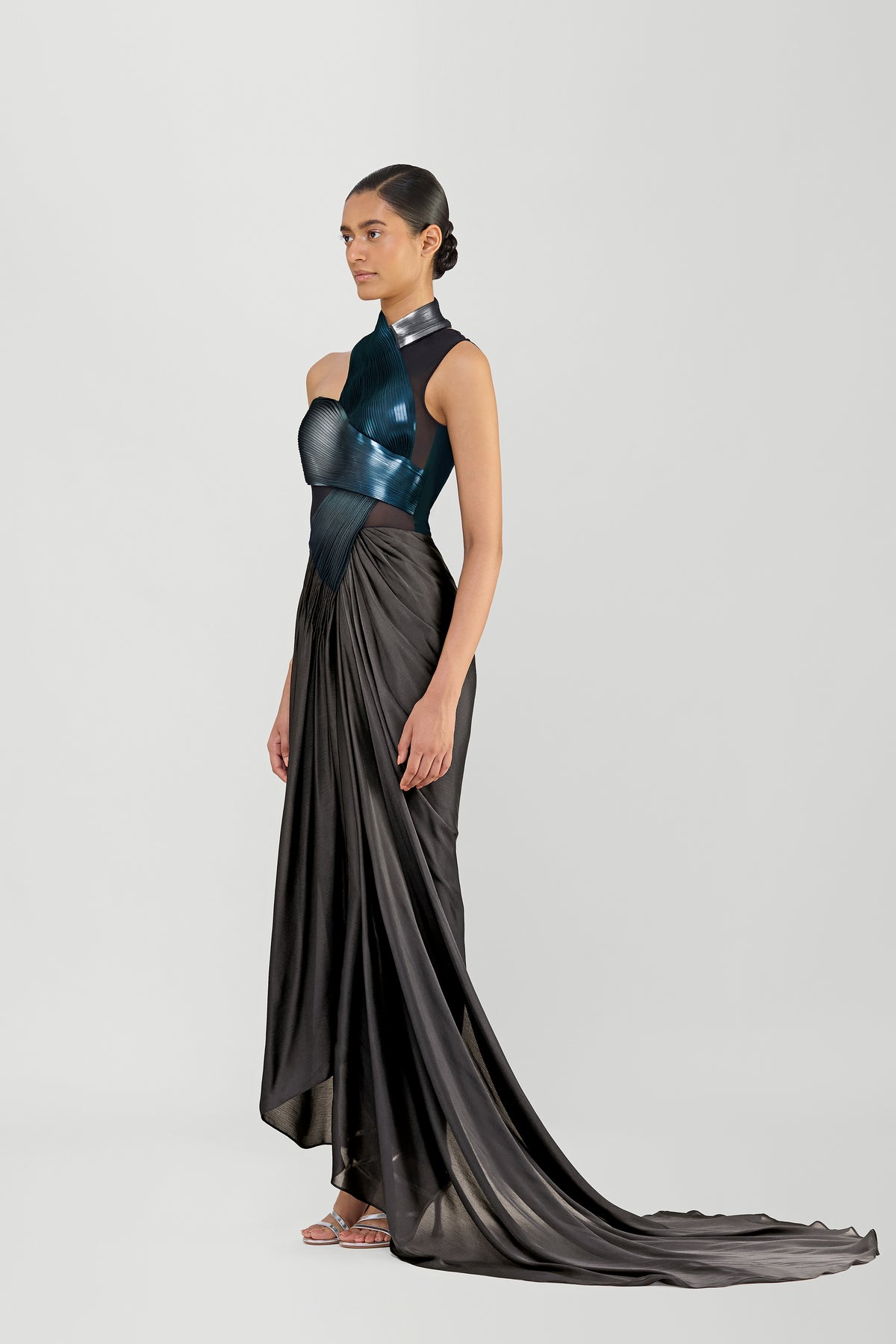 Metallic Gown With Chiffon Drape