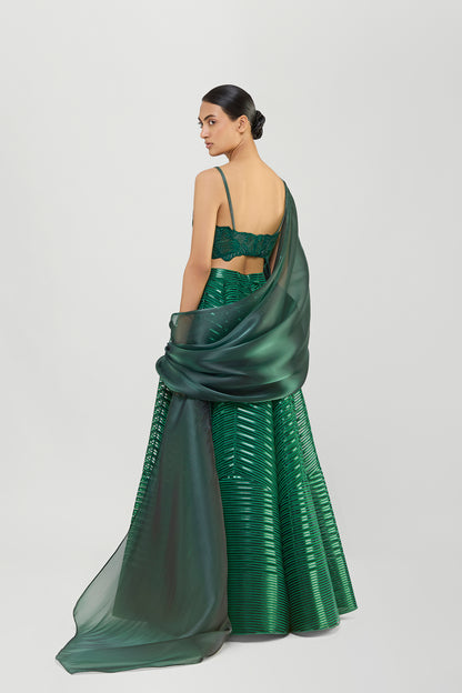 Liquid Mesh Cape Set With A Fluted Tulle Skirt And Beaded Bustier