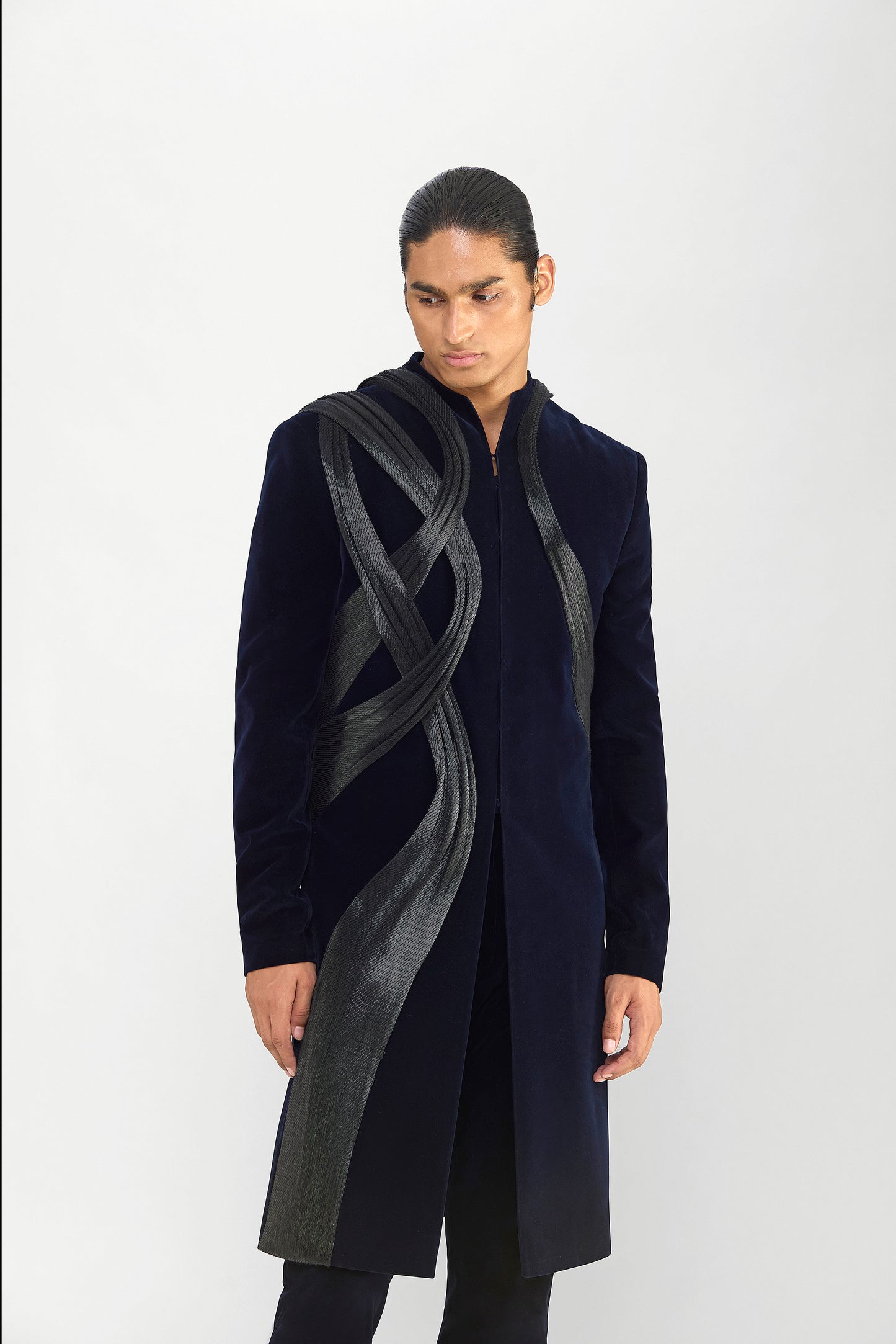 Long Jacket Set In Velvette With Hand Woven Textile