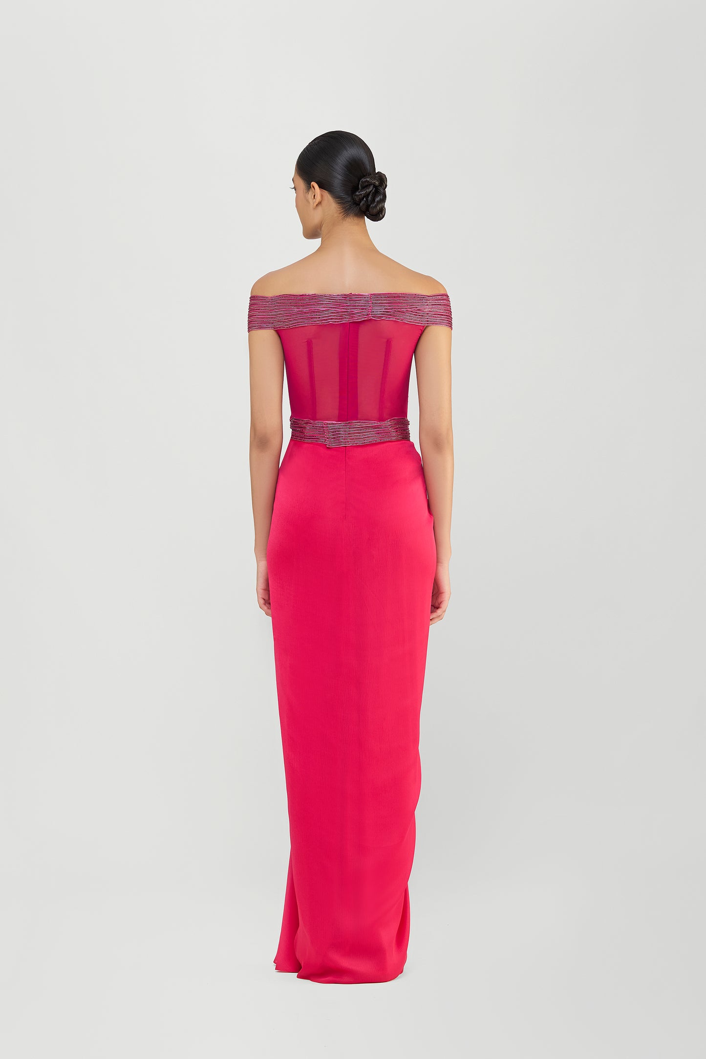 Moulded Corded Gown With Beads And A Chiffon Drape