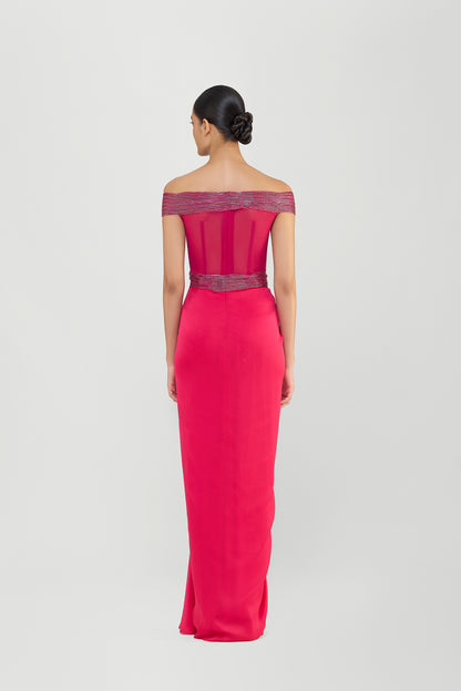 Moulded Corded Gown With Beads And A Chiffon Drape