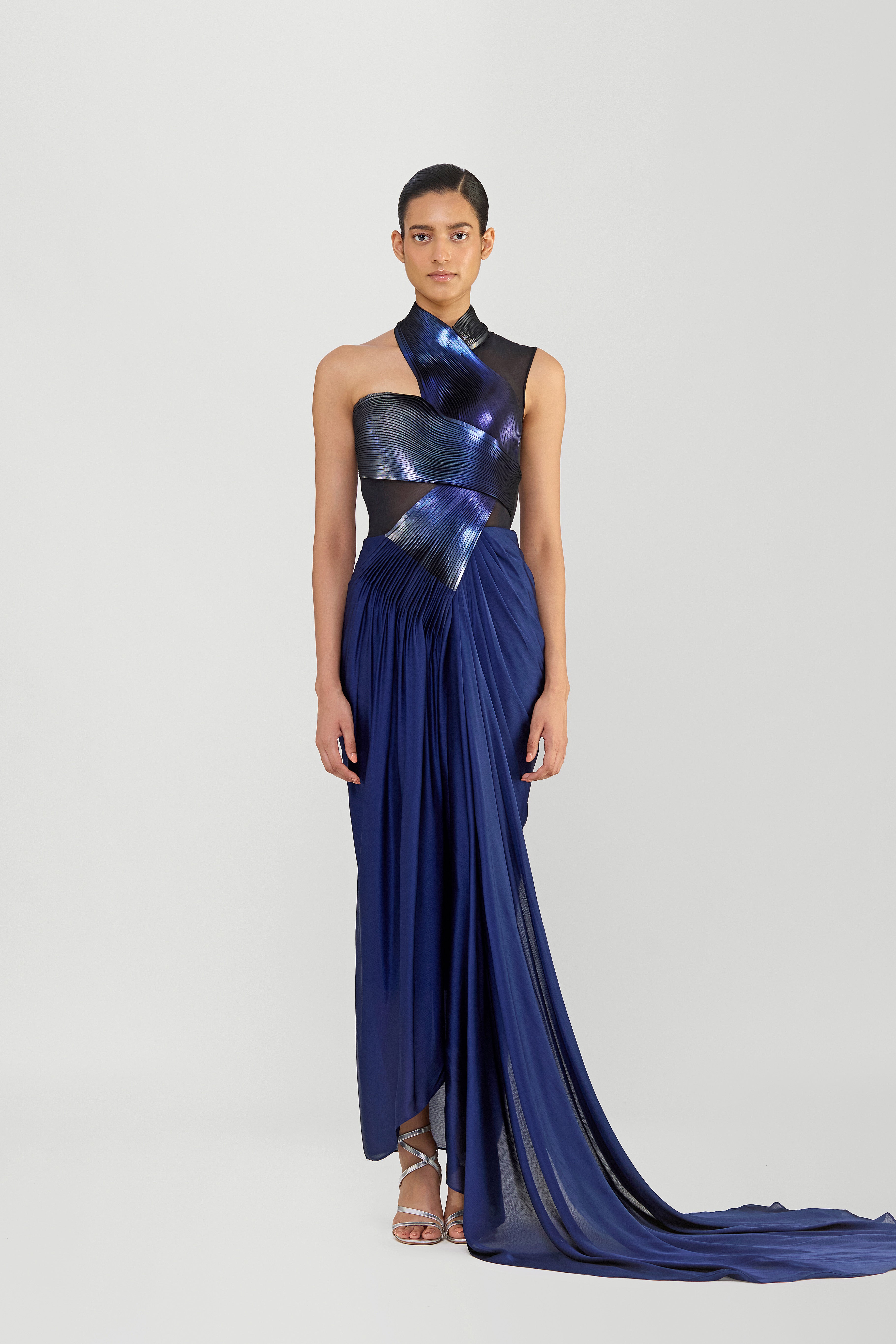 Metallic Gown With Chiffon Drape