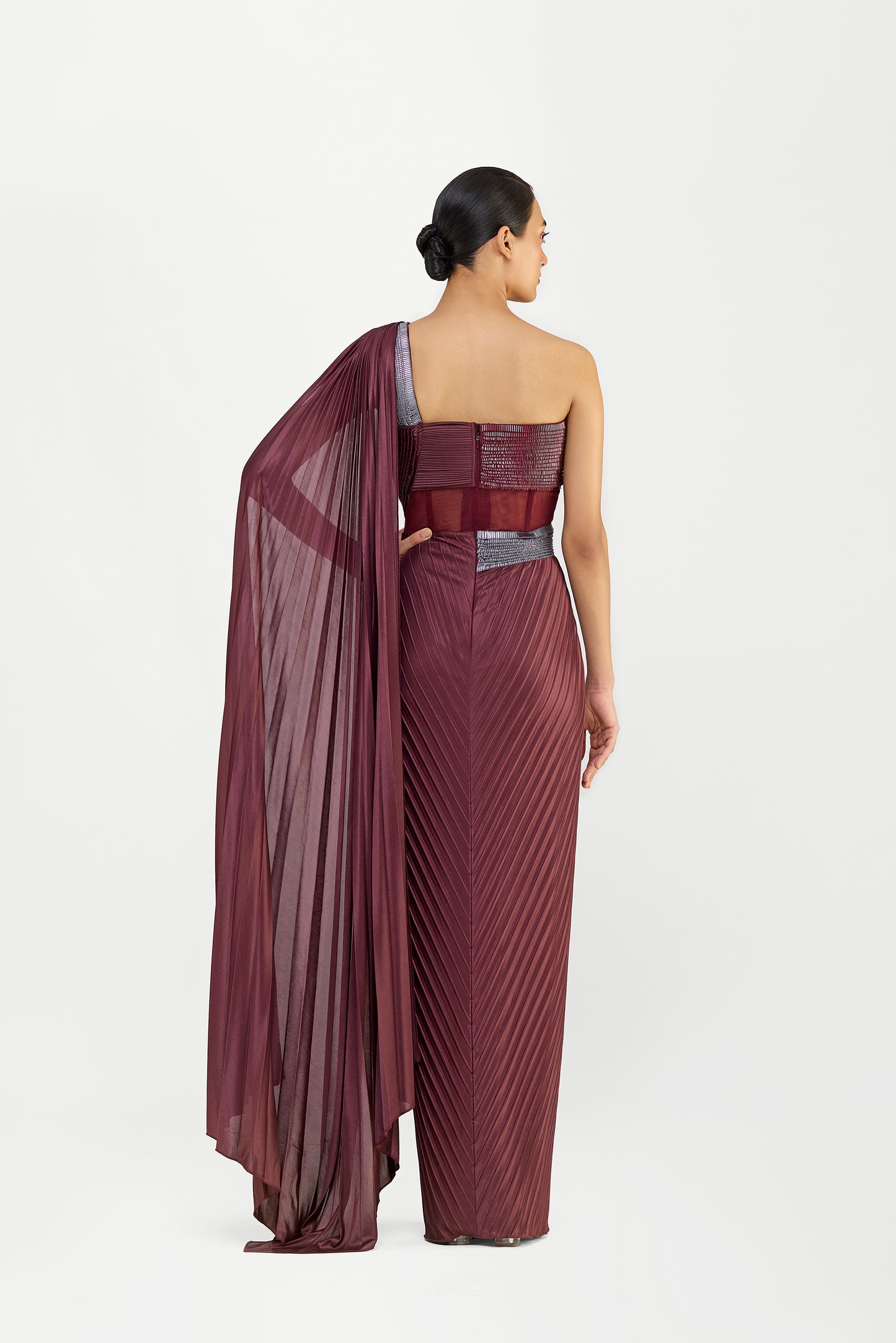 Structured One Shouldered Saree With Plisse Drape