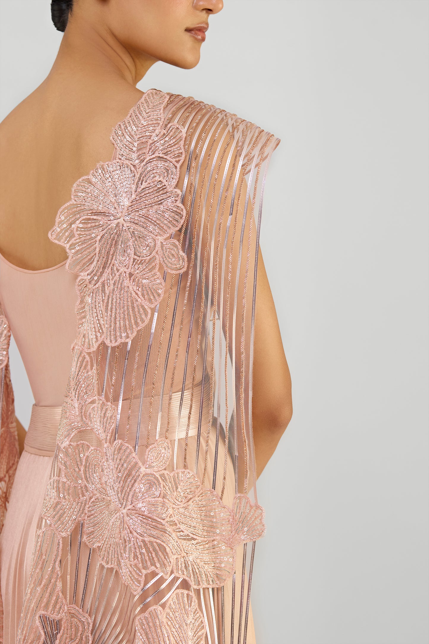 Structured Gown With Metallic Sunray Coral Palla And Plisse Skirt