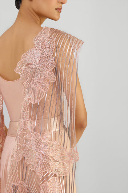 Structured Gown With Metallic Sunray Coral Palla And Plisse Skirt