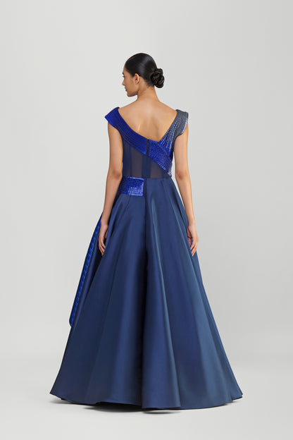 Structured Lamina Scales Flared Gown