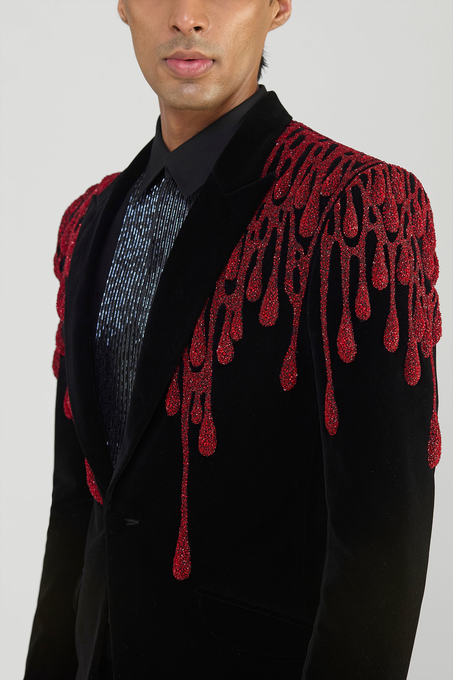 Red Drip Embroidery Tuxedo Set In Velvette