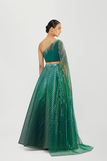 Metallic Fluted Tulle Printed Skirt And Beaded  One Shouldered Top