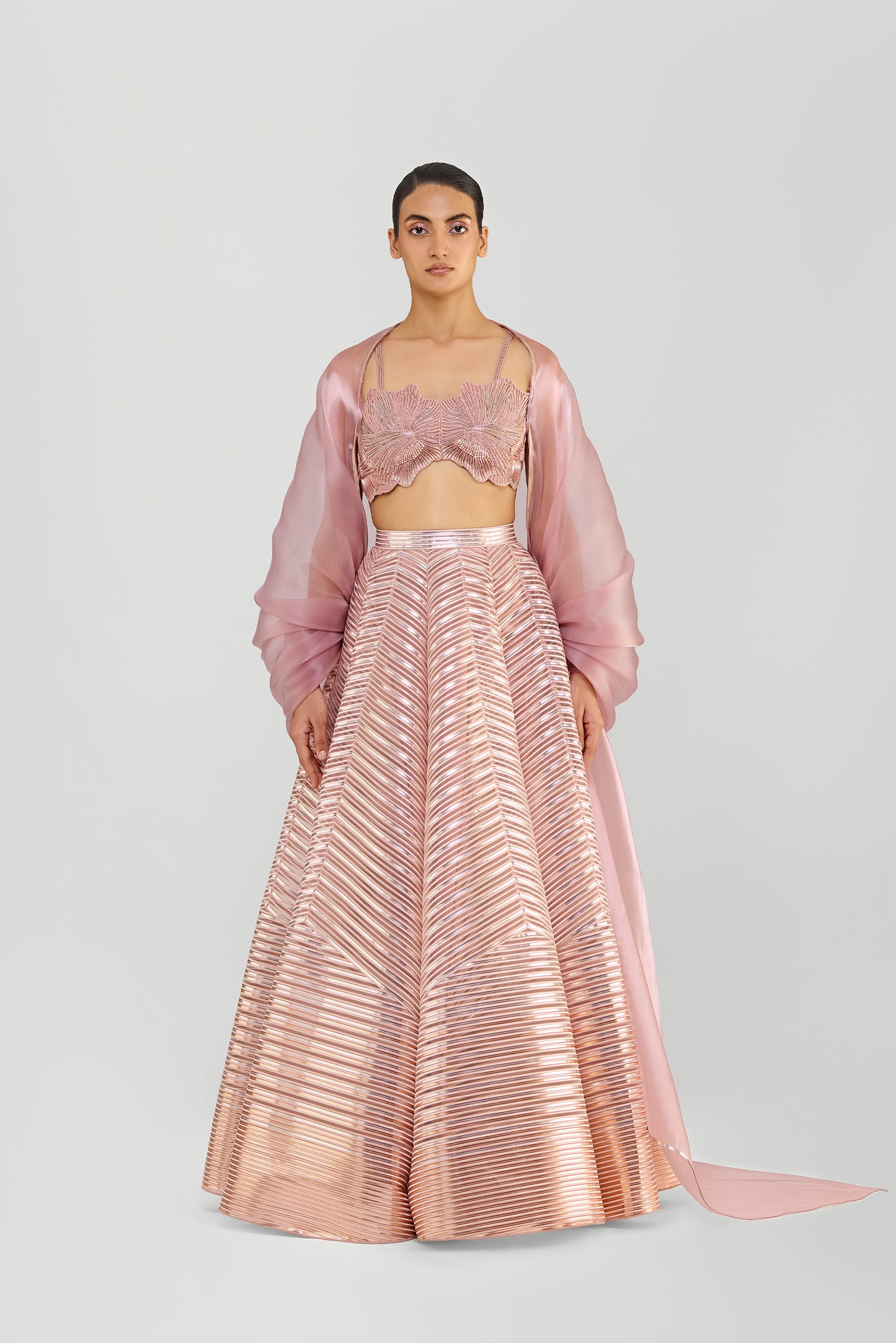 Liquid Mesh Cape Set With A Fluted Tulle Skirt And Beaded Bustier