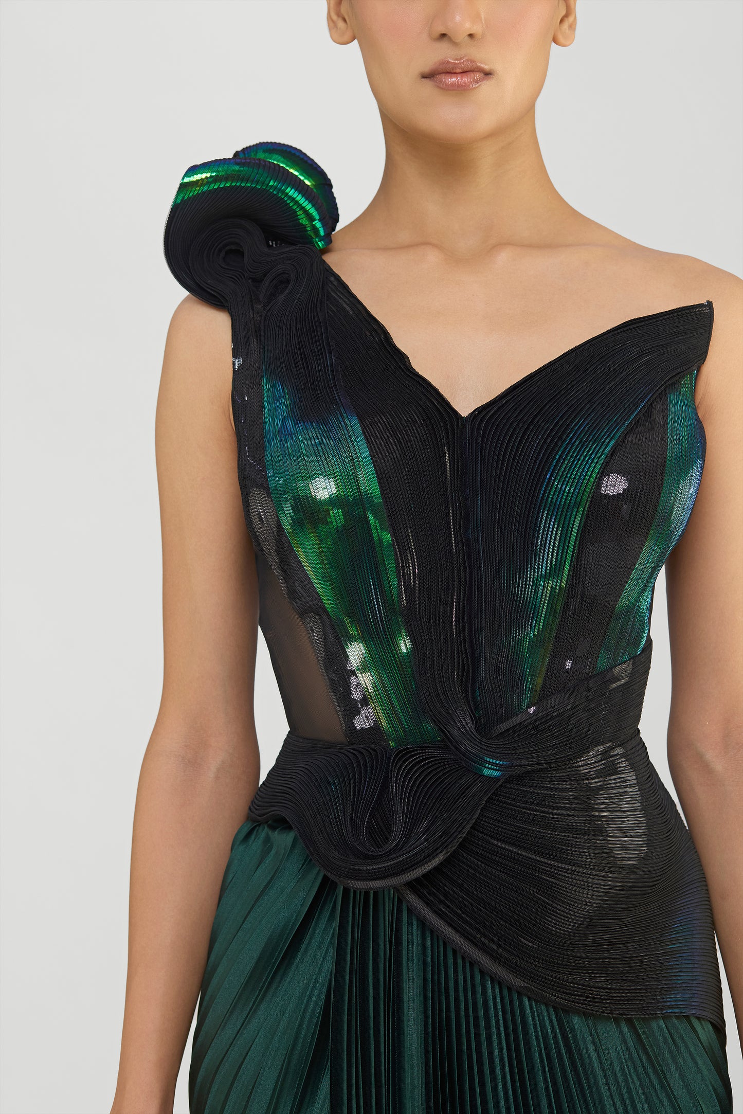 Moulded Metallic Off The Shoulder Gown With Plisse  Drape