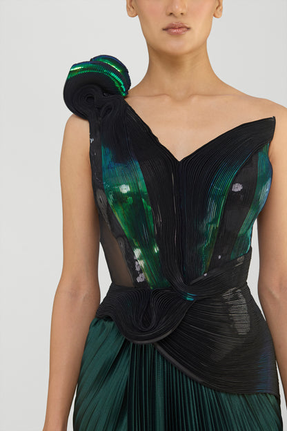 Moulded Metallic Off The Shoulder Gown With Plisse  Drape