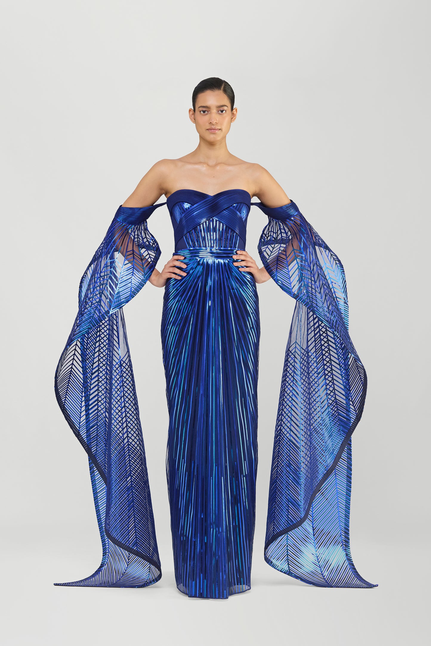 Metallic Micropleated Off The Shoulder Gown With Sunray Wings On Sleeves