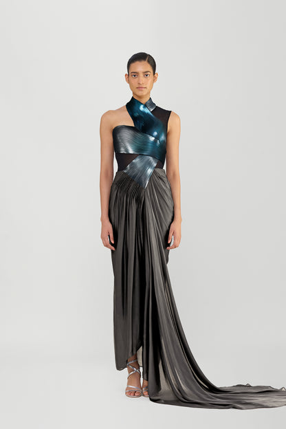 Metallic Gown With Chiffon Drape