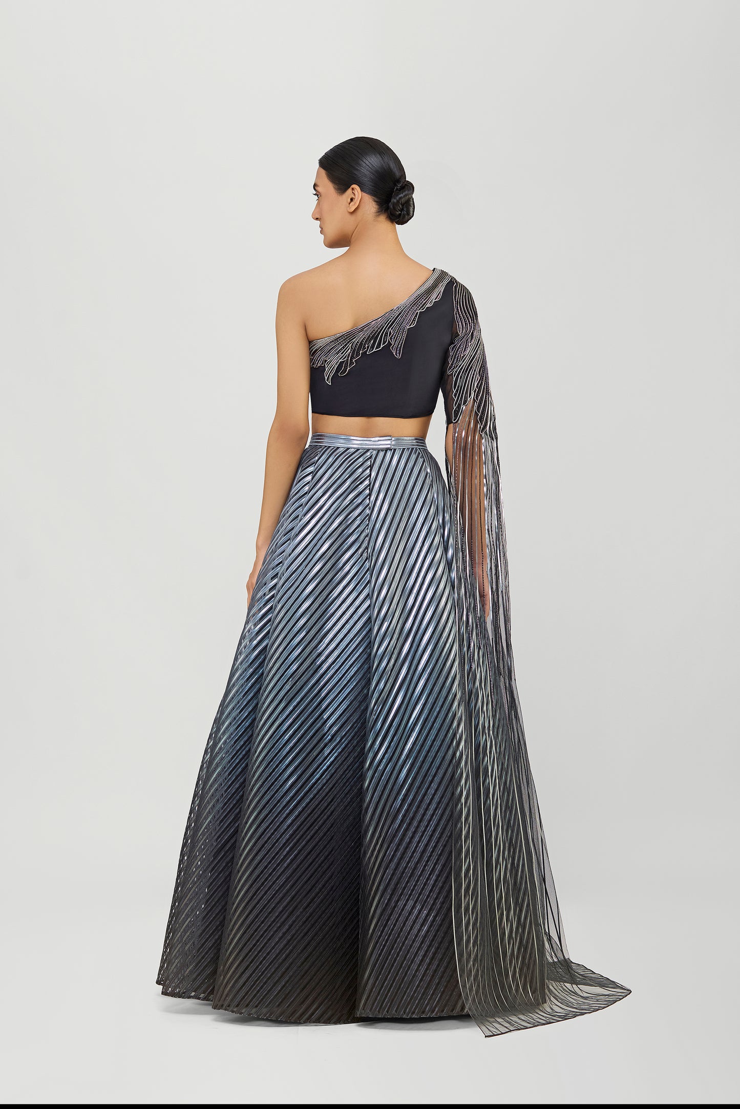 Metallic Fluted Tulle Printed Skirt And Beaded  One Shouldered Top